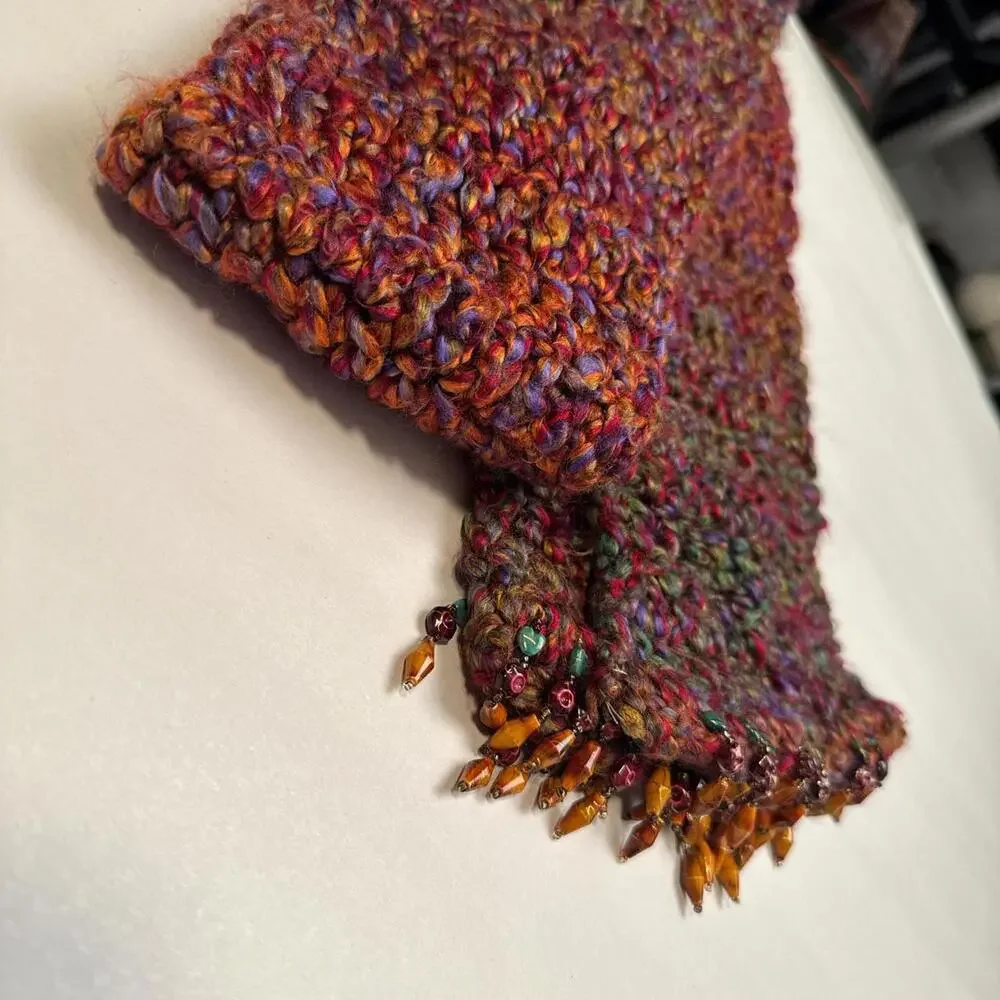 Vintage Boho Hand-Beaded Crochet‎ Scarf in Sunset Tones